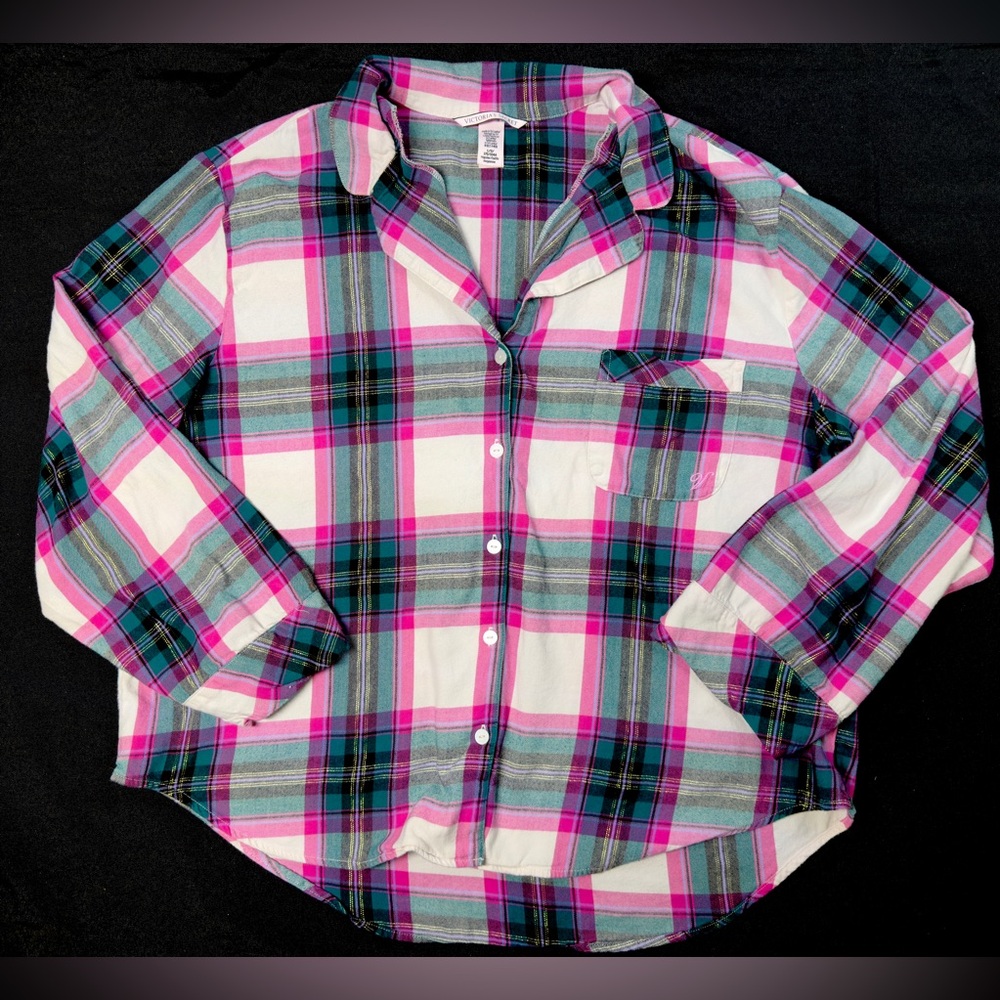Victoria's Secret Plaid Flannel Pajama Top Womens Large Pink Cotton Button Down